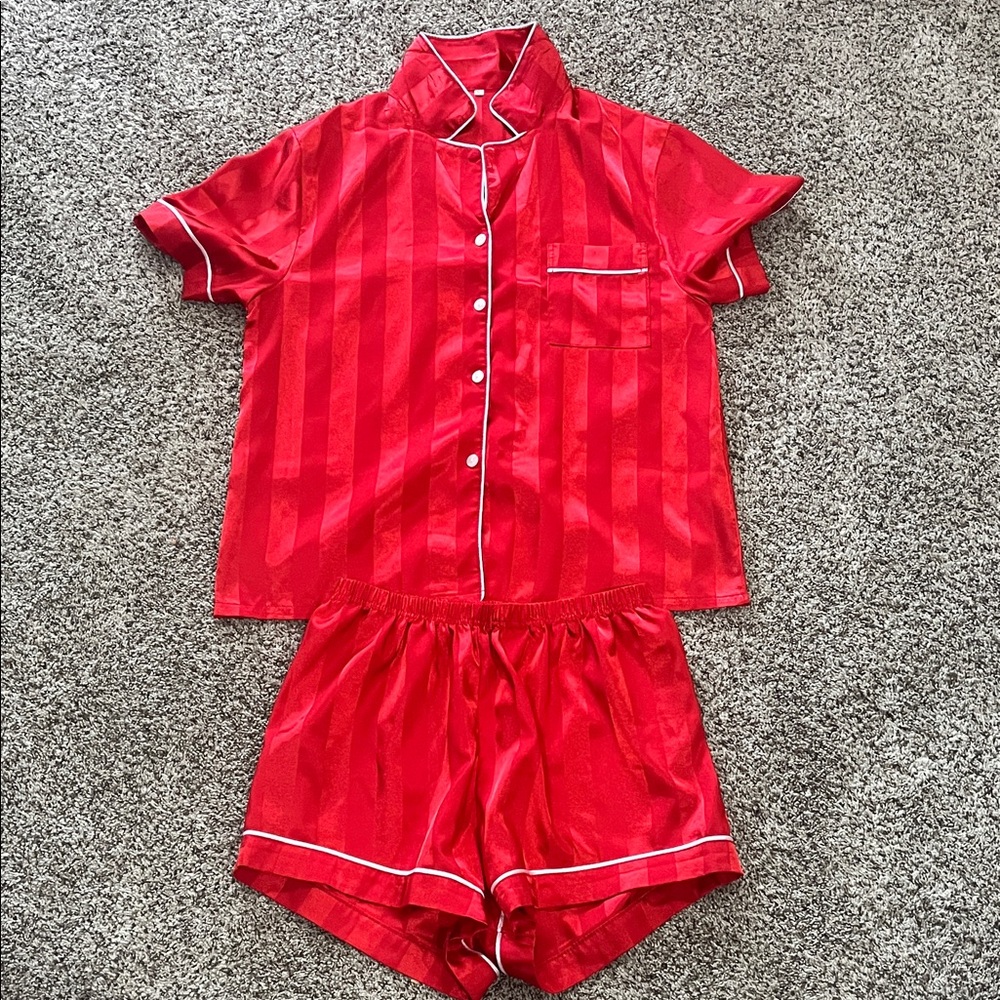 Red Satin Pajama Set with White Piping